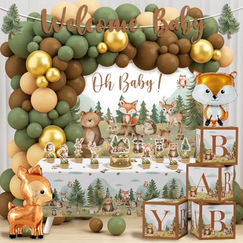 123pcs Woodland Baby Shower Decorations | All-in-One Woodland Animals Themed Decor with Balloon Garland Arch Baby Box Tablecloth Banner Cake Topper