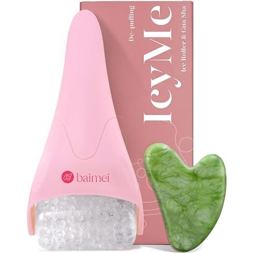 BAIMEI IcyMe Ice Roller for Face and Gua Sha Facial Tool Set, Ice Face Roller Reduces Puffiness Relieves Migraines Skin Care Tools, Self Care for Women - Pink
