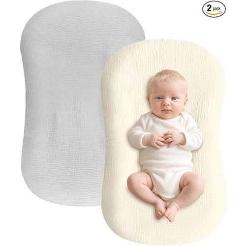 Hooyax Muslin Baby Lounger Cover 2 Pack - 100% Breathable Cotton Soft Infant Lounger Covers, Fits Most Standard Newborn Loungers & Pillows (Gray, Creamy-White)