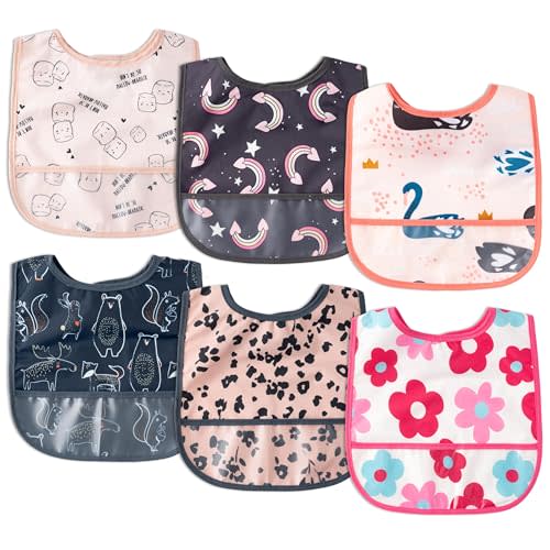 2ooya 6Pcs Waterproof Toddler Bibs Baby Feeding Bib Set with Crumb Catcher Pocket, Infant Adjustable Baby Teething Bib, Babies Sleeveless Animals Food Bibs Keepsake Gift for Baby Shower, 6-24 Months