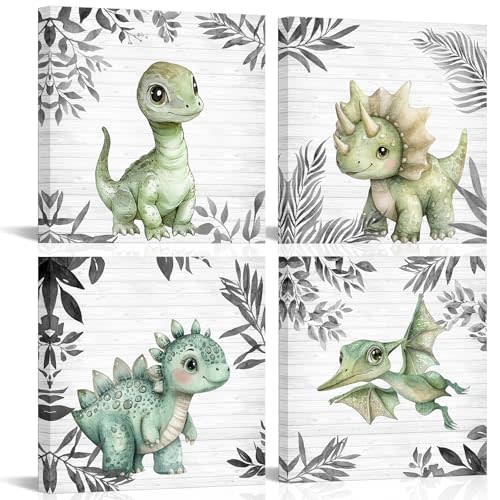 Dinosaur Nursery Decor Boy Room Dino Canvas Wall Art 12"x12" Sage Green Grey