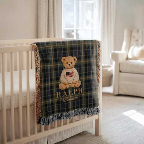 Personalized Teddy Bear Baby Blanket with Name, Custom Woven Crib Throw, Vintage Bear Nursery Decor, Baby Shower Keepsake Gift for Boys