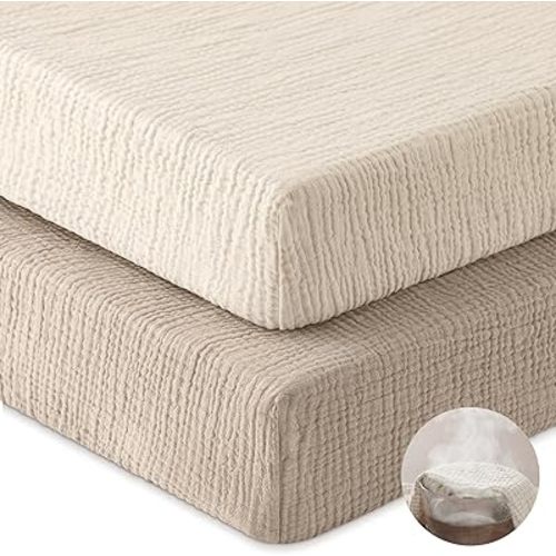 Muslin Crib Sheets for Boys Girls, 100% Cotton Fitted Crib Sheet 2 Pack for Standard Crib and Toddler Mattress, Breathable Soft Baby Sheet 28x52x8in Beige & Khaki