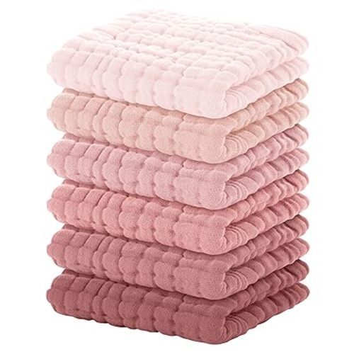 Yoofoss Muslin Baby Washcloths 100% Organic Cotton Face Towels 6 Pack Wash Cloths for Baby 12x12in Soft and Absorbent Baby Wipes (Gradient Pink)