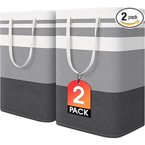HomeHacks 2 Pack Large Laundry Baskets, Waterproof, Freestanding Laundry Hampers, Collapsible Clothes Hamper with Reinforced Handles in Laundry Room, College Dorm, Bathroom, Bedroom (Grey, 75Lx2)