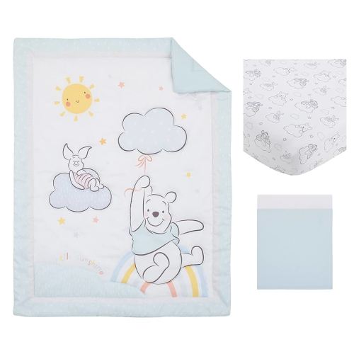 Disney Winnie The Pooh Hello Sunshine Multi-Colored Rainbow, Yellow Sun & Blue Clouds 3Piece Nursery Crib Bedding Set - Comforter, Fitted Crib Sheet & Crib Skirt, Aqua, Yellow, Orange, White