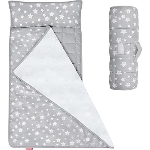 Moonsea Toddler Nap Mat with Pillow and Fleece Minky Blanket Grey, Lightweight and Soft Perfect for Kids Preschool, Daycare, Travel Sleeping Bag for Girls, 21" x 50" Fit on a Standard Cot