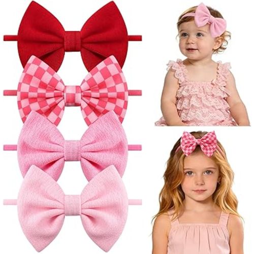 4 Pcs Baby Bow Headbands, Soft Nylon Baby Girls Headbands Bow Hair Accessories for Newborn Toddlers Child