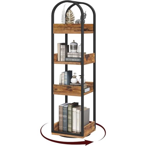 4-Tier Bookshelf, Rotating Bookcase, 360° Spinning Book Shelf, Rotate Corner Book Shelve, Storage Rack, for Study, Home Office, Rustic Brown BKHR3401