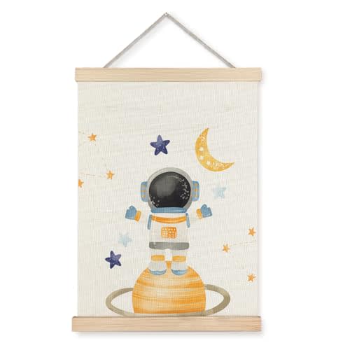 BearCake Spaceman Nursery Canvas Wall Decor Art Poster Hanger Frame, Space Prints Framed Wall Decor for Classroom Toddler Boys Room Nursery Playroom, 12x16 Inch