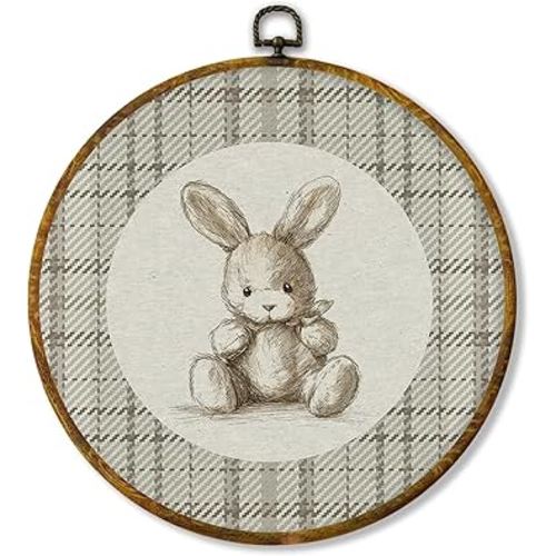 Hiuwevt Vintage Bunny Nursery Round Wall Art Decor, Rabbit Bunny Framed Canvas Prints, Neutral Gingham Rabbit Round Wall Hanging Decor for Kids Girl Nursery Room Bedroom Decorations, 10x10 Inches
