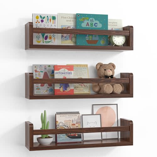 Floating Wall Nursery Book Shelves for Bedrooms Kids 16.5 Inch Walnut Color Wooden Baby Book Shelf for Kids Rooms Set of 3 Nursery Shelves for Wall Mounted Toddler Bookshelf