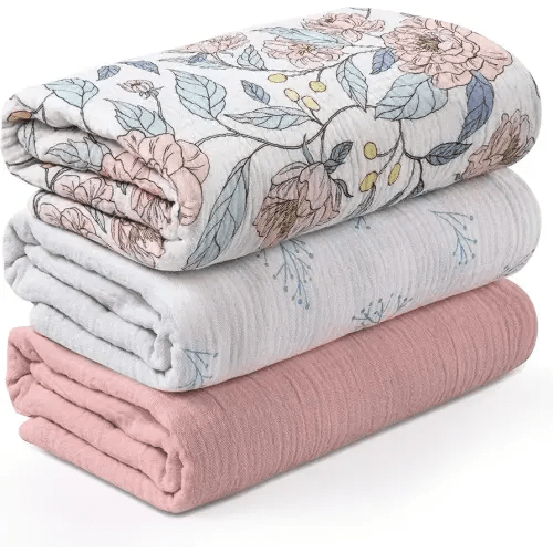 Muslin Swaddle Blankets for Newborn, 3 Pack Breathable Soft Receiving Blanket, Large 38 x 40 inches Swaddle Wrap Burping Clothes, Essentials Infant Shower Items, Toddler Gift (Cute Flower)