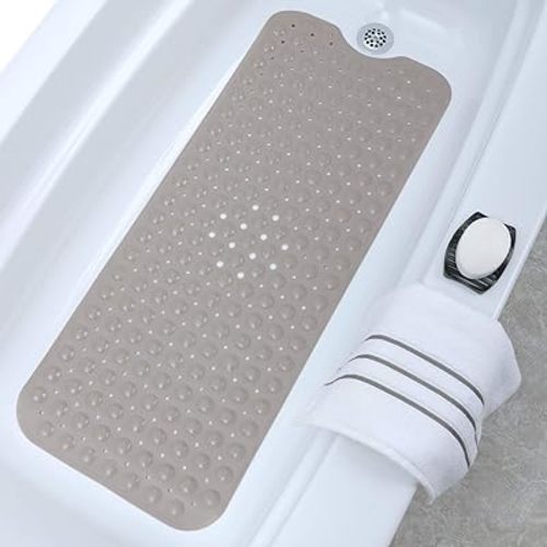 SlipX Solutions Extra Long Bath Tub & Shower Mat 39x16, Wet Floor Non-Slip for Elderly & Kids Bathroom, Longer Than Standard Bathtub Mats, 200 Suction Cups, Drain Holes, Machine Washable, Tan