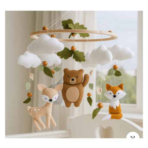 Woodland Baby Mobile Neutral | Forest Animals Baby Mobile with Bear, Deer, Fox & Bunny - Cozybabywear