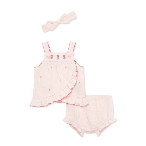 Tulip Embroidery Shirt, Shorts & Headband Set