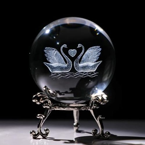 HDCRYSTALGIFTS 3D Engraving Crystal Double Swan Figurine with Love Heart Sphere 60mm(2.3inch) Crystal Ball Paperweight with Stand Base for Girls or Women