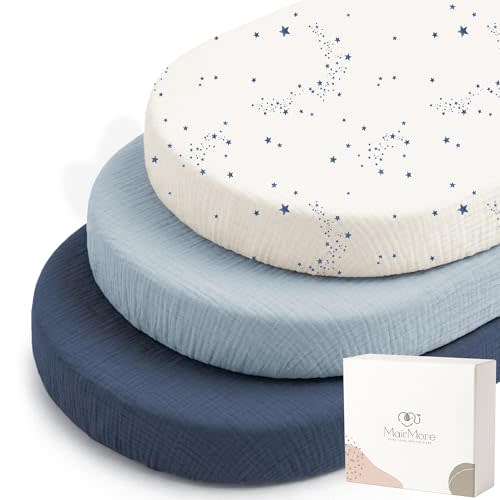 MairMore 3 Pack Muslin Baby Bassinet Sheets for Bedside Sleepers | Soft & Breathable, 100% Cotton, Full Elastic Fit, for Moses Basket, Oval Rectangle Pad and Mattress (Starry Sky)