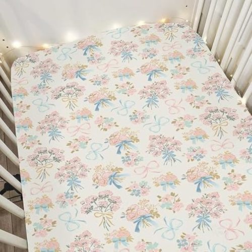 Pastel Floral Bows Baby Crib Sheets for Boy Girl 28"x52" Preppy Floral Pink Blue Bows Soft Snug Fitted Crib Mattress Covers Boho Flowers Spring Summer Baby Sheet Fits Crib & Toddler Bed Mattresses