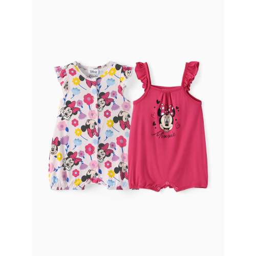 Disney Mickey and Friends Baby Girl 2pcs Minnie Bamboo Ruffled Allover Print Romper Hot Pink