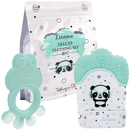 Teething Mitten Set with Soother- Soothing Infant Teething Mitt with Teether Toy for Babies - Teething Glove with Adjustable Strap - Silicone Soother Toy and Mitten (Mint Panda)