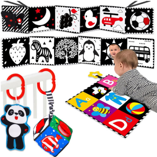 4 PCS Black and White High Contrast Baby Toys 0-3-6 Months Newborn Essential Toy for Babies Crinkle Sensory Book Brain Development Tummy Time Mirror Infant Carseat Rattle Christmas Stocking Stuffer