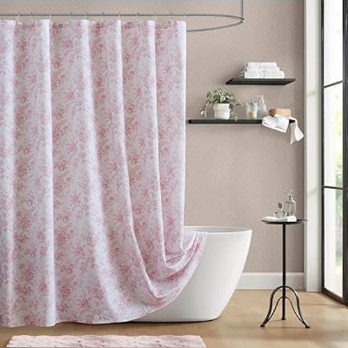 Laura Ashley Walled Garden Shower Curtain, Textured Cotton-Rich Slub Fabric, Tonal Floral Print, Elegant Transitional Bathroom Decor, Machine Washable 72"x72", Pink