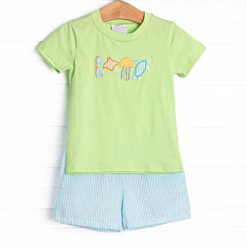 Sea Pals Applique Short Set, Green – Stitchy Fish