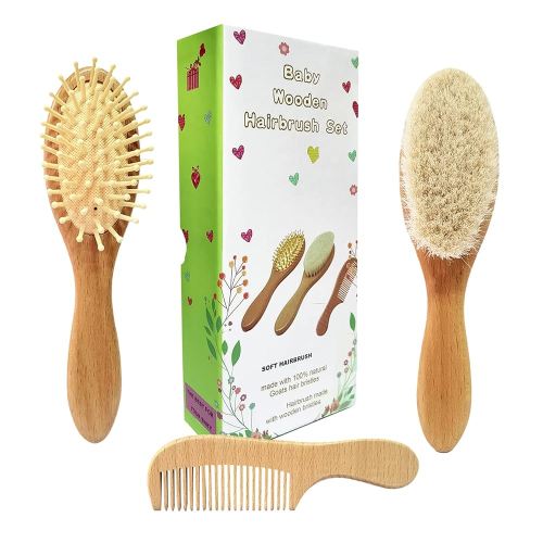 3 Piece Baby Hair Brush and Comb Set for Newborn & Toddlers- Natural Wooden Hairbrush with Soft Goat Bristles for Cradle Cap - Perfect Scalp Grooming Product for Infant, Toddler, Kids, Baby