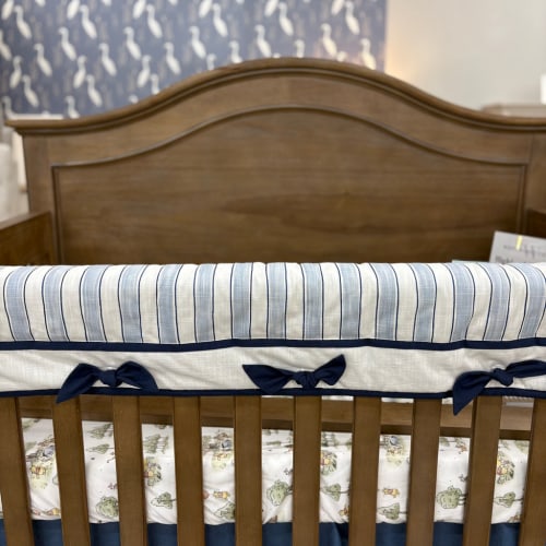Custom Bedding | Crib Rail Cover | Boardwalk Stripe with Navy Square Knot Ties