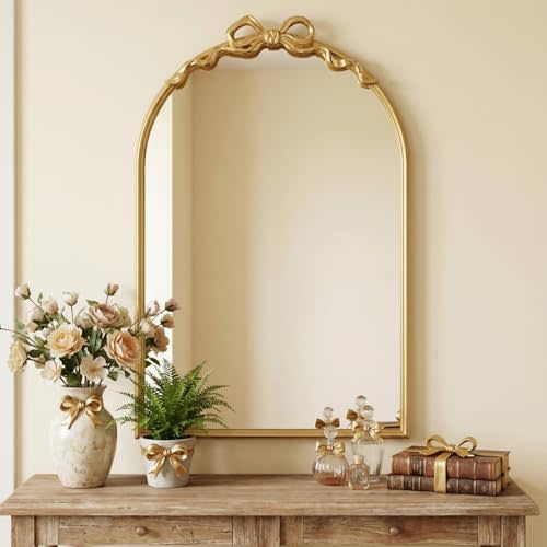 Vintage Arched Gold Ornate Mirror - 25"x16" Baroque Antique Arch Gold Bow Vanity Wall Mirror with Metal Frame for Bathroom, Living Room, Bedroom, Entryway, Hallway