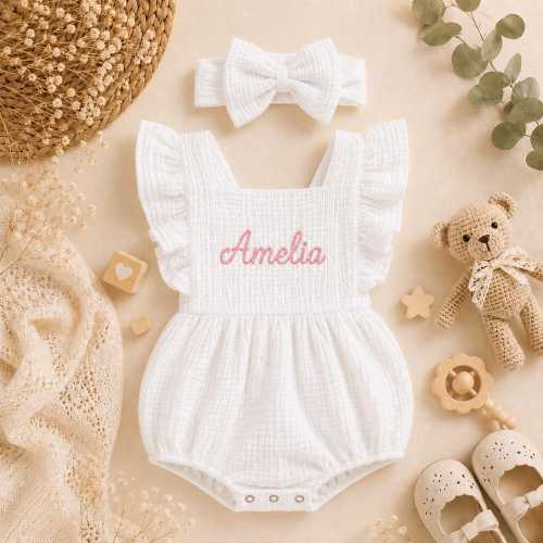 Baby Girl Romper Personalized, Embroidered Name Outfit, Muslin Cotton Bubble Romper, Newborn Gift, Coming Home Outfit