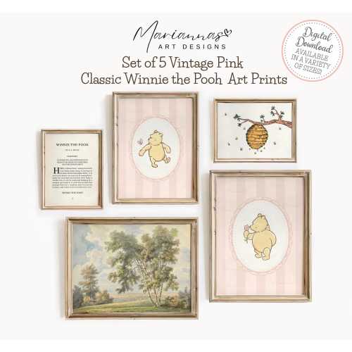 Winnie the Pooh Print Vintage Pink Pooh Bear Nursery Decor