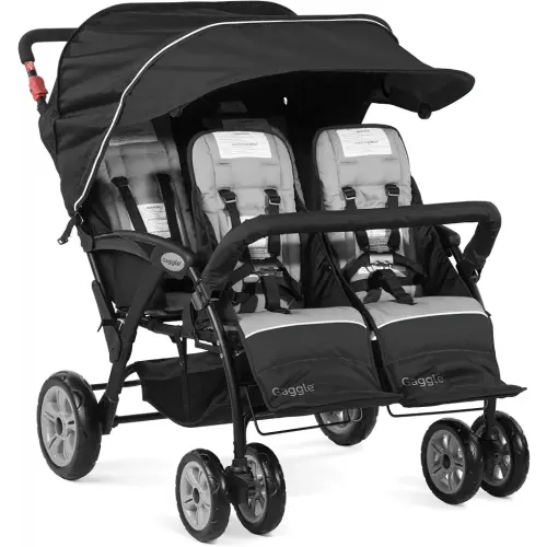 Gaggle by Foundations Compass Quad 4 Seat Stroller | 4-Seat Stroller for Daycare | Oversized UV Blocking Canopy | 5-Point Harness | Easy Loading | Storage Bucket | Black