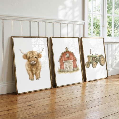 Farm Nursery Posters Watercolor Little cow Wall Art Baby Barnyard Animal, Set 3, Poster Only