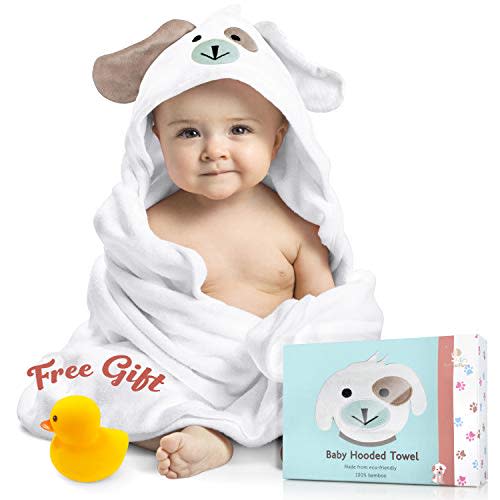Baby Hooded Towel 100% Organic Bamboo Cotton, Super Absorbent, for Boys and Girls. Super Soft, X-Large, 35 x 35 inches. Perfect Baby Shower Gift with Bonus Washcloth and Greeting Card (White Puppy)