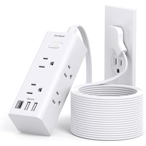 15Ft Extension Cord with Multiple Outlets, Flat Plug Power Strip Surge Protector with 15 Ft Long Cord, 6 Outlet 3 USB Ports (1 USB C), Multi Outlet Wall Plug for Travel, College, Dorm Room Essentials