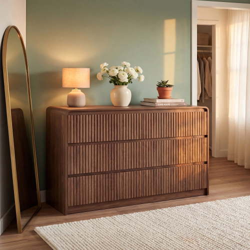 YDN Modern Fluted 6 Drawers Dressers for Bedroom - 47" Wooden Wide Storage Organizer Dresser, Curved Chest of Drawers with 6 Drawers & Anti-Tip for Closet Hallway, Entryway, Living Room,Walnut