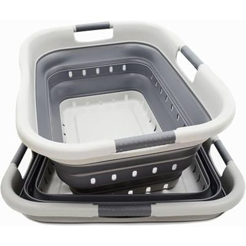SAMMART 41L (10.8 gallon) Set of 2 Collapsible 3 Handled Plastic Laundry Basket-Foldable Pop Up Storage Container/Organizer-Space Saving Hamper/Basket (2, Grey/Dark Grey)