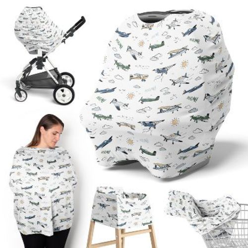 Sweet Jojo Designs Boy 5-in-1 Multi Use Baby Nursing Cover Vintage Airplane Green Blue and Yellow