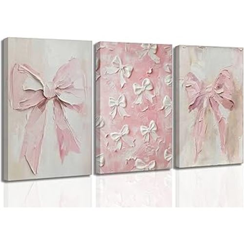 3Pcs Trendy Pink Bows Canvas Wall Art Vintage Cute Preppy Watercolor Bows Painting Pictures Wall Decor Posters Prints Girly Aesthetic for College Apartment Bedroom Decoration