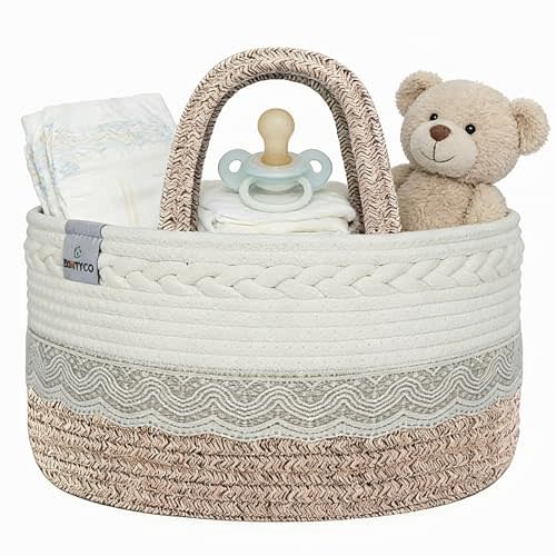 Baby Diaper Caddy Organizer,Woven Rope Nursery Storage Bin,Newborn Gift Basket,Extra-Large Cotton Basket with Removable Compartments,Portable (Mixed Brown, Large)