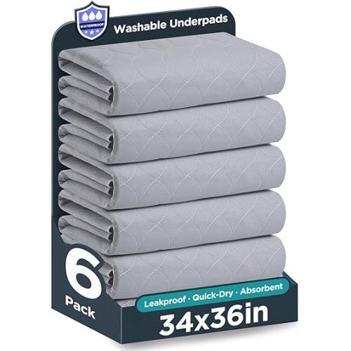 Washable Bed Pads 34" x 36" - 6 Pack, Grey, Waterproof Bed Pads for Incontinence, Bed Wetting Pads for Bed, Sofa, Floor, Resuable Underpads for Adults, Seniors, Pet