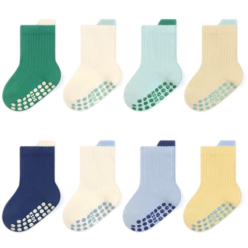 Exegawe 8 Pairs Toddler Non Slip Socks for Boys Girls, Baby Kids Cotton Seamless Crew Anti Skid Gripper Socks 0-5 Years Old
