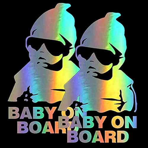 HungMieh Baby on Board Stickers for Car Safety, Funny Carlos from The Hangover Decals for Mailbox Windows (Holographic Silver, Pack of Two)