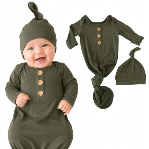 Caden Lane Newborn Knotted Gown with Hat, Soft Bamboo Viscose Baby Sack, Unisex Infant Breathable Night gown Olive