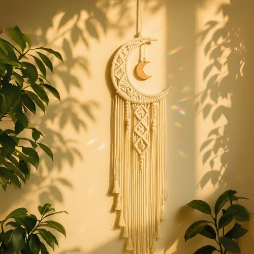 Boho Macrame Moon Dreamcatcher: Nursery Wall Hanging, Baby Room Wind Chimes, Stylish Home Décor with Light