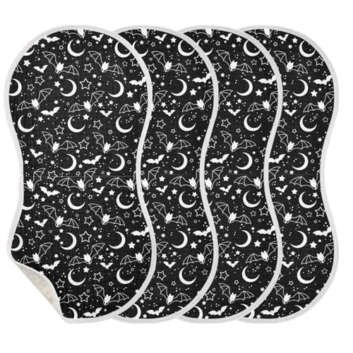 JHKKU Muslin Burp Cloths for Baby Boys and Girls - 4-Pack Ultra Absorbent Halloween Bats Moons Star Muslin Washcloths, Newborn Towel, Milk Spit Up Rags, Burp Cloth Bib for Unisex, 22 x 11 Inch