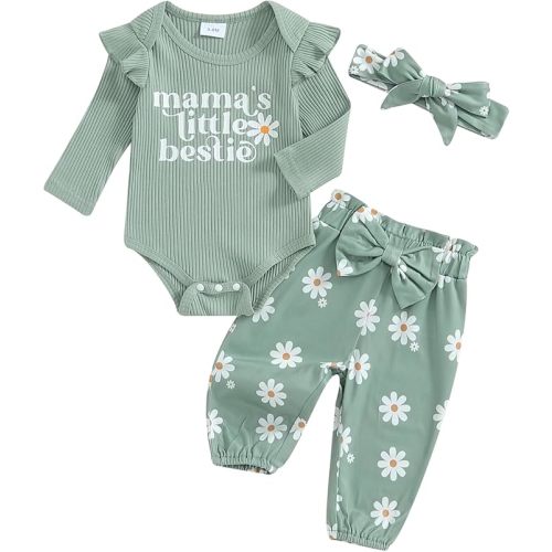 Infant Baby Girl Long Sleeve Mama's Little Bestie Letter Print Ribbed Romper Elastic Daisy Pants Headband Outfits