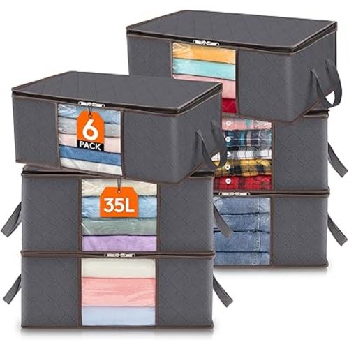 Lifewit 6 Pack Clothes Storage Bag, Foldable Storage Bin Closet Organizer with Reinforced Handle, Sturdy Fabric Blanket Storage with Clear Window, Storage Containers for Clothing, Bedding, Gray